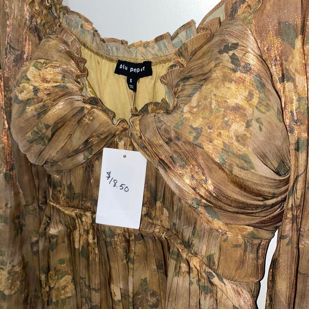 NWT Blu Pepper, Small Brown Floral Dress with Sheer Long Sleeves - Picture 6 of 8